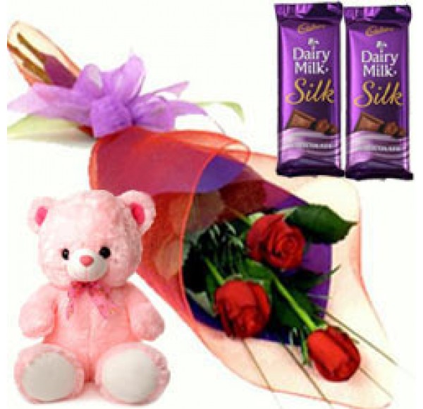 Saggy Small Teddy, Roses and Dairy Milk Silk Chocolate Bars